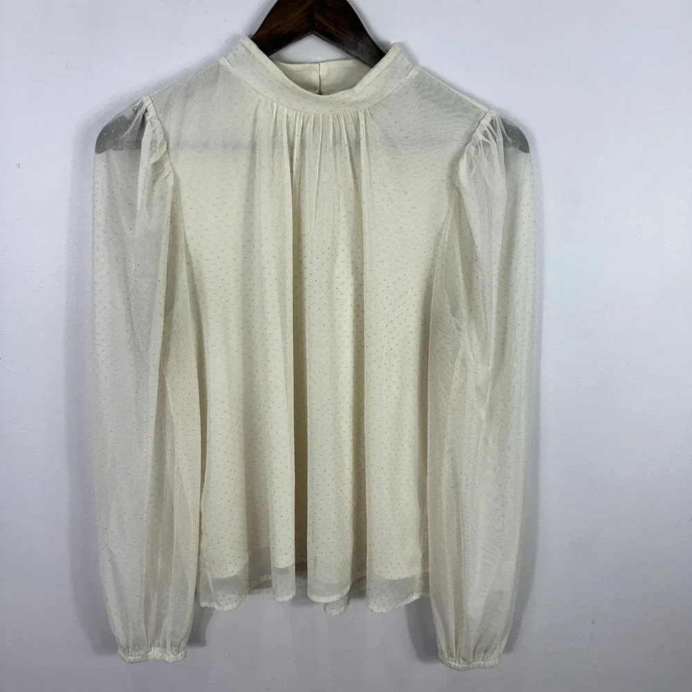 LOFT Long Puff‎ Sleeve Ivory Top Womens Small Sheer Swiss Dot Romantic Cottage